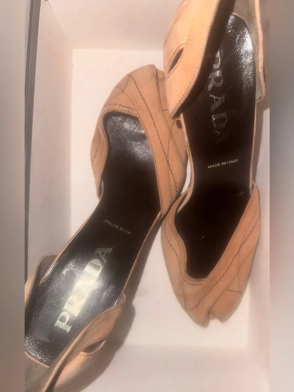 🆕 DS Prada Nude Suede Heels brown stitching peep toe size  37.5 Italy